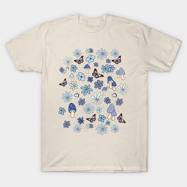 Light Blue Flowers Butterflies and Mushrooms Cottagecore Aesthetic T-Shirt by YourGoods